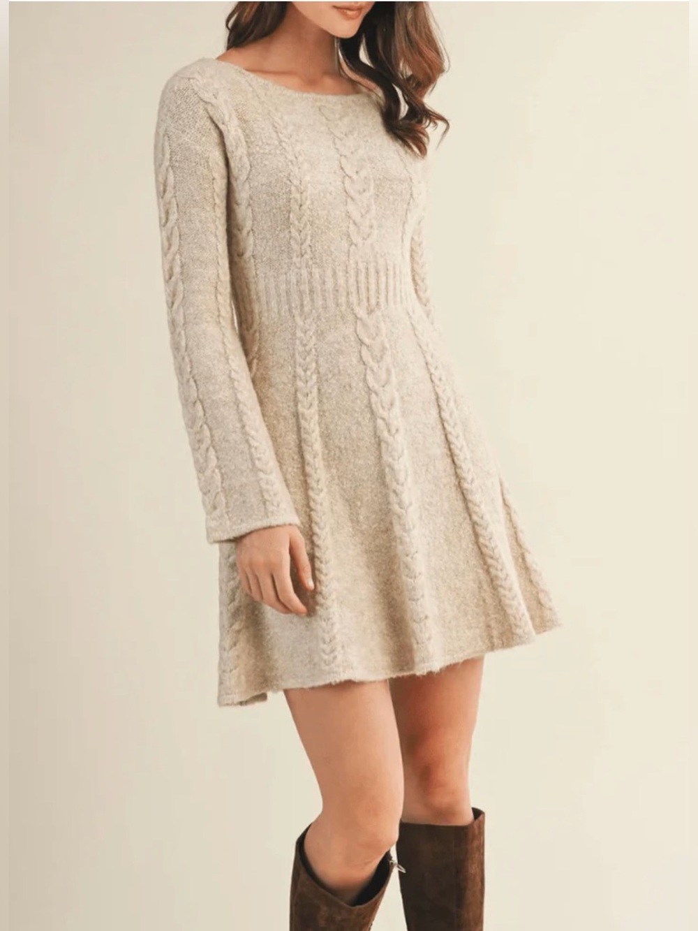 Mustard Seed Cable Flare Sweater Dress Color Oatmeal